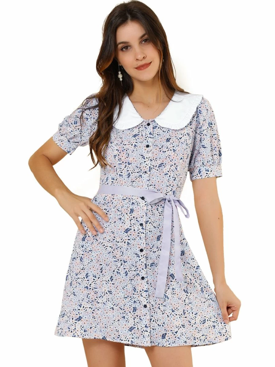 Women's Floral Summer Dress with Peter Pan Collar and Bow Tie - Short Sleeve Casual Dress