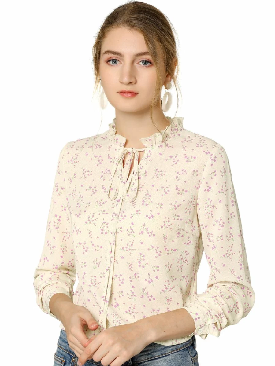 Women's Polka Dot Floral Blouse with Ruffled Neckline and Long Sleeves - Elegant Tied Tops
