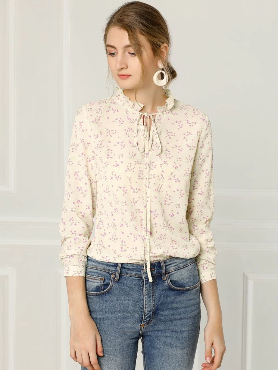 Women's Polka Dot Floral Blouse with Ruffled Neckline and Long Sleeves - Elegant Tied Tops