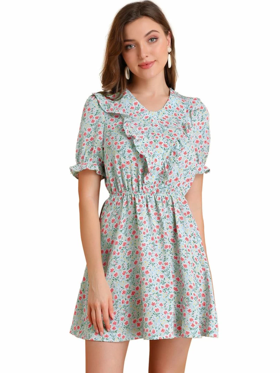 Light Blue Floral Mini Dress with Ruffle Front V-Neck and Puff Sleeves