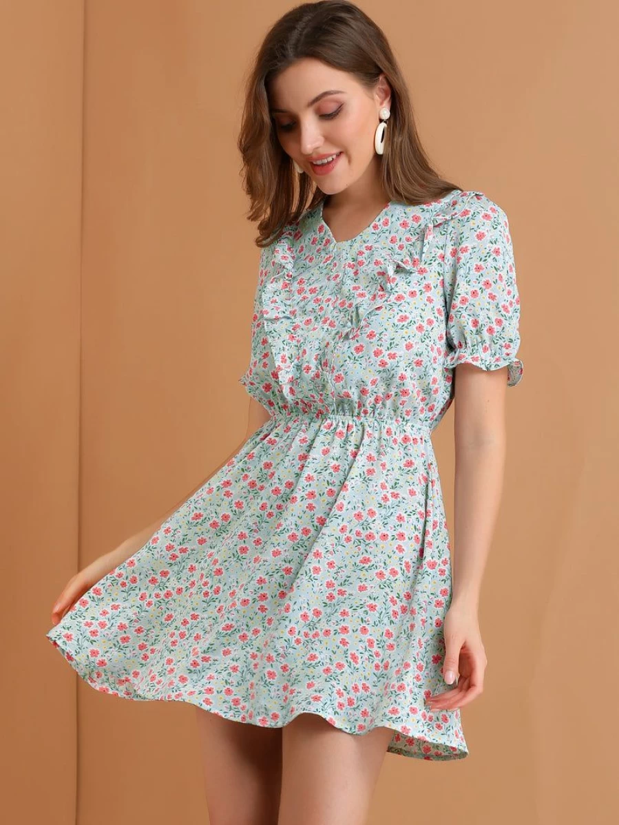 Light Blue Floral Mini Dress with Ruffle Front V-Neck and Puff Sleeves