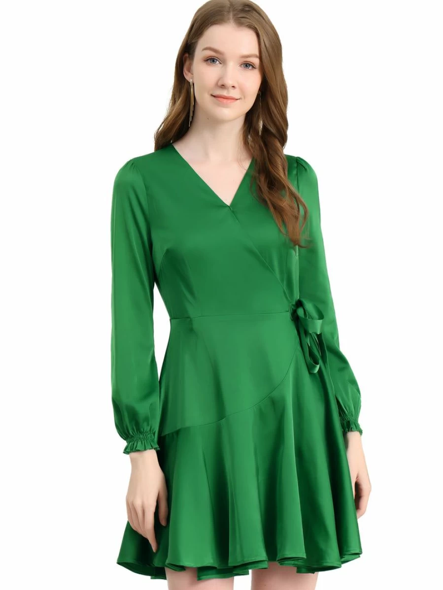 * Women's Green Puff Sleeve Satin Wrap Mini Dress with Tie Waist & Ruffle Hem