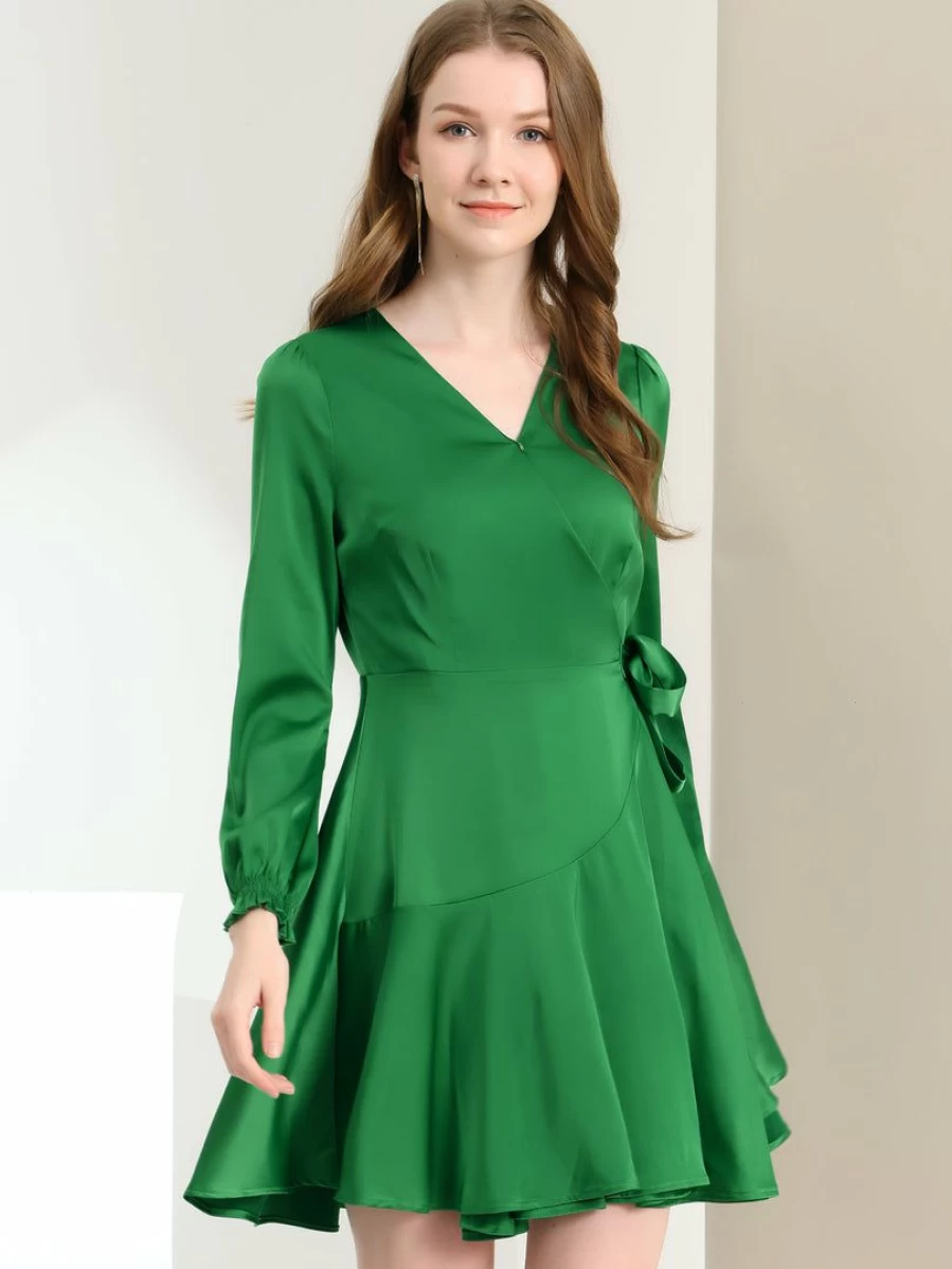 * Women's Green Puff Sleeve Satin Wrap Mini Dress with Tie Waist & Ruffle Hem
