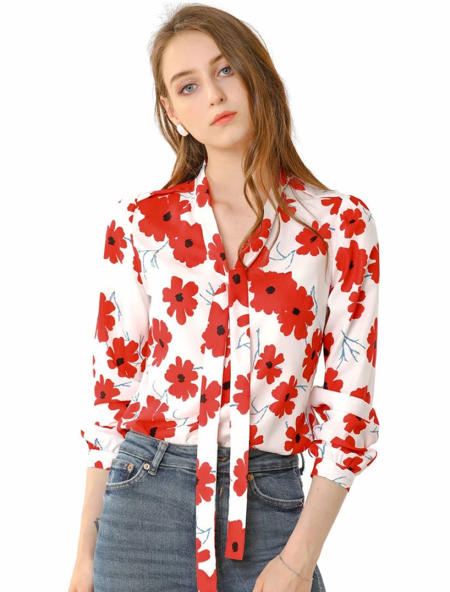 Women's White Floral Bow Tie V-Neck Puff Sleeve Casual Top - Elegant Blouse for Everyday Wear