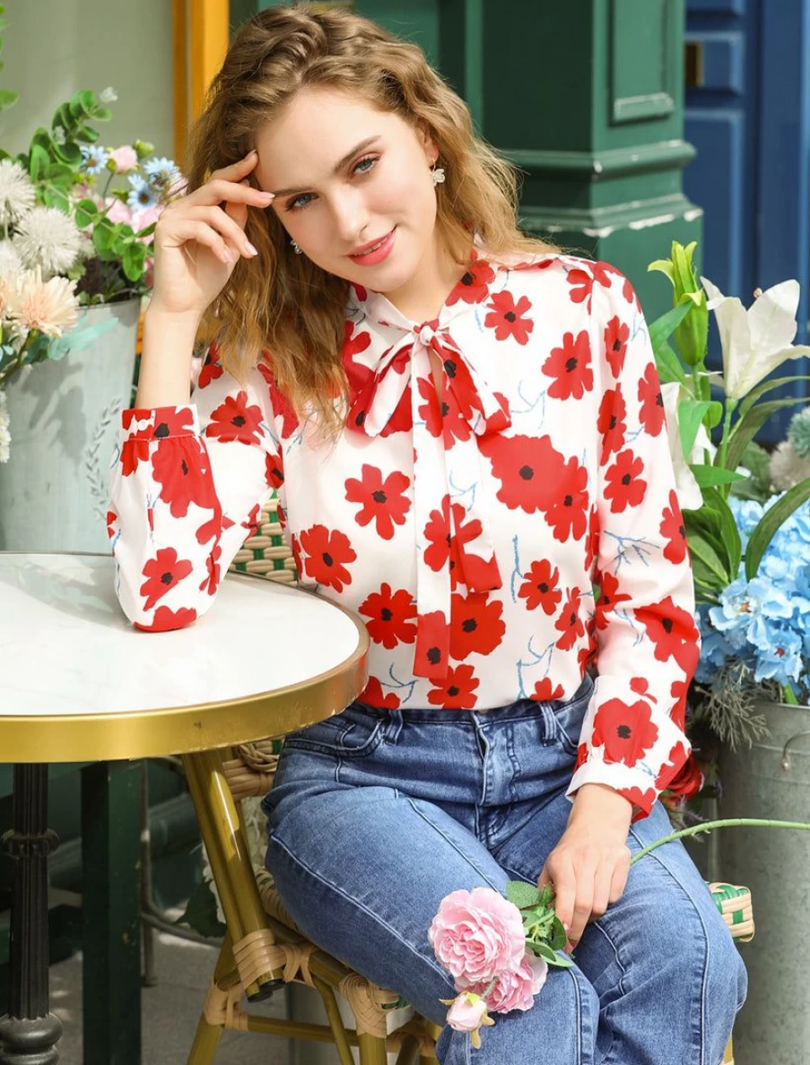 Women's White Floral Bow Tie V-Neck Puff Sleeve Casual Top - Elegant Blouse for Everyday Wear