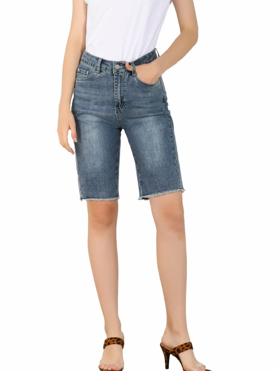 Women's Blue Stretchy Denim Bermuda Shorts - Comfortable Washed Jeans Pants