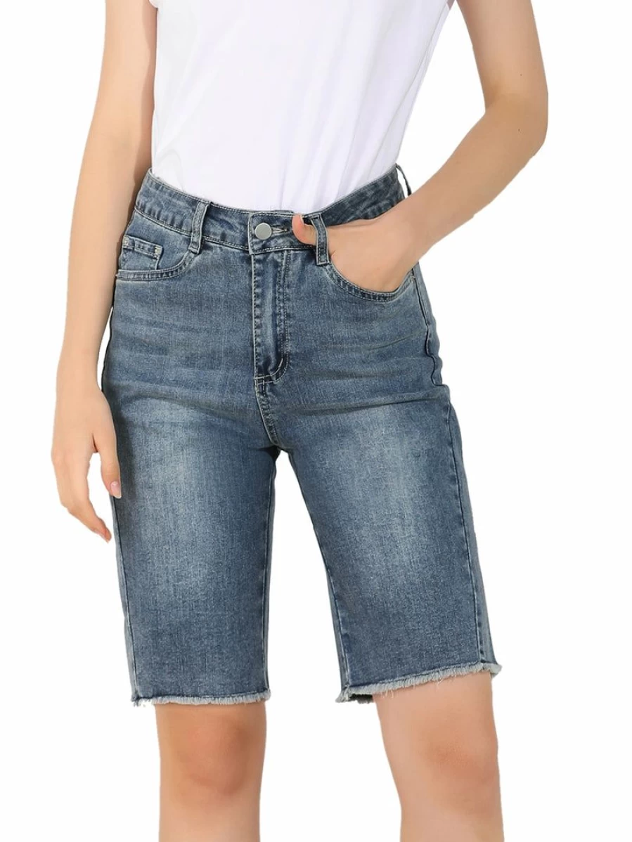Women's Blue Stretchy Denim Bermuda Shorts - Comfortable Washed Jeans Pants