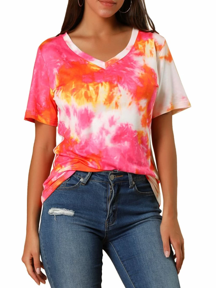 Allegra K Women's Hot Pink V-Neck Tie Dye T-Shirt - Lightweight Casual Short Sleeve Top