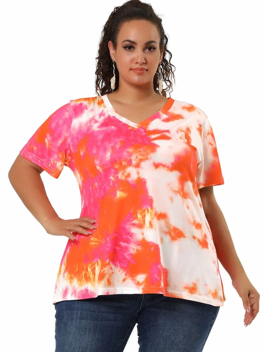 Allegra K Women's Hot Pink V-Neck Tie Dye T-Shirt - Lightweight Casual Short Sleeve Top