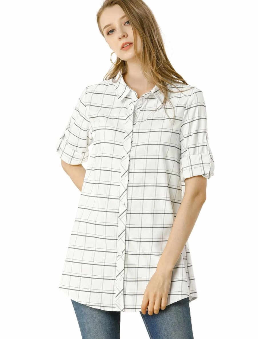 Women's White Casual Plaid Button Down Shirt 3/4 Sleeve Roll-Up Loose Fit Top