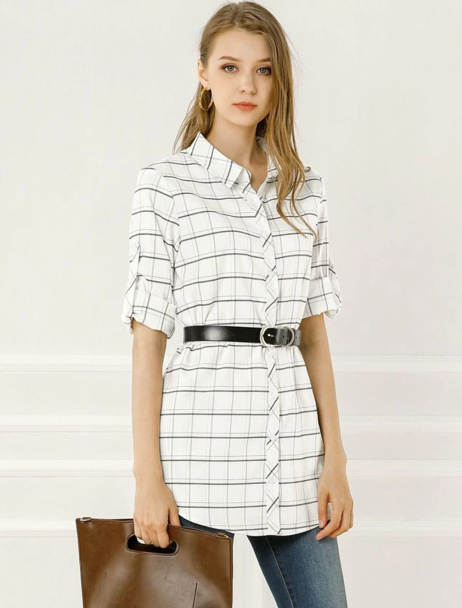 Women's White Casual Plaid Button Down Shirt 3/4 Sleeve Roll-Up Loose Fit Top