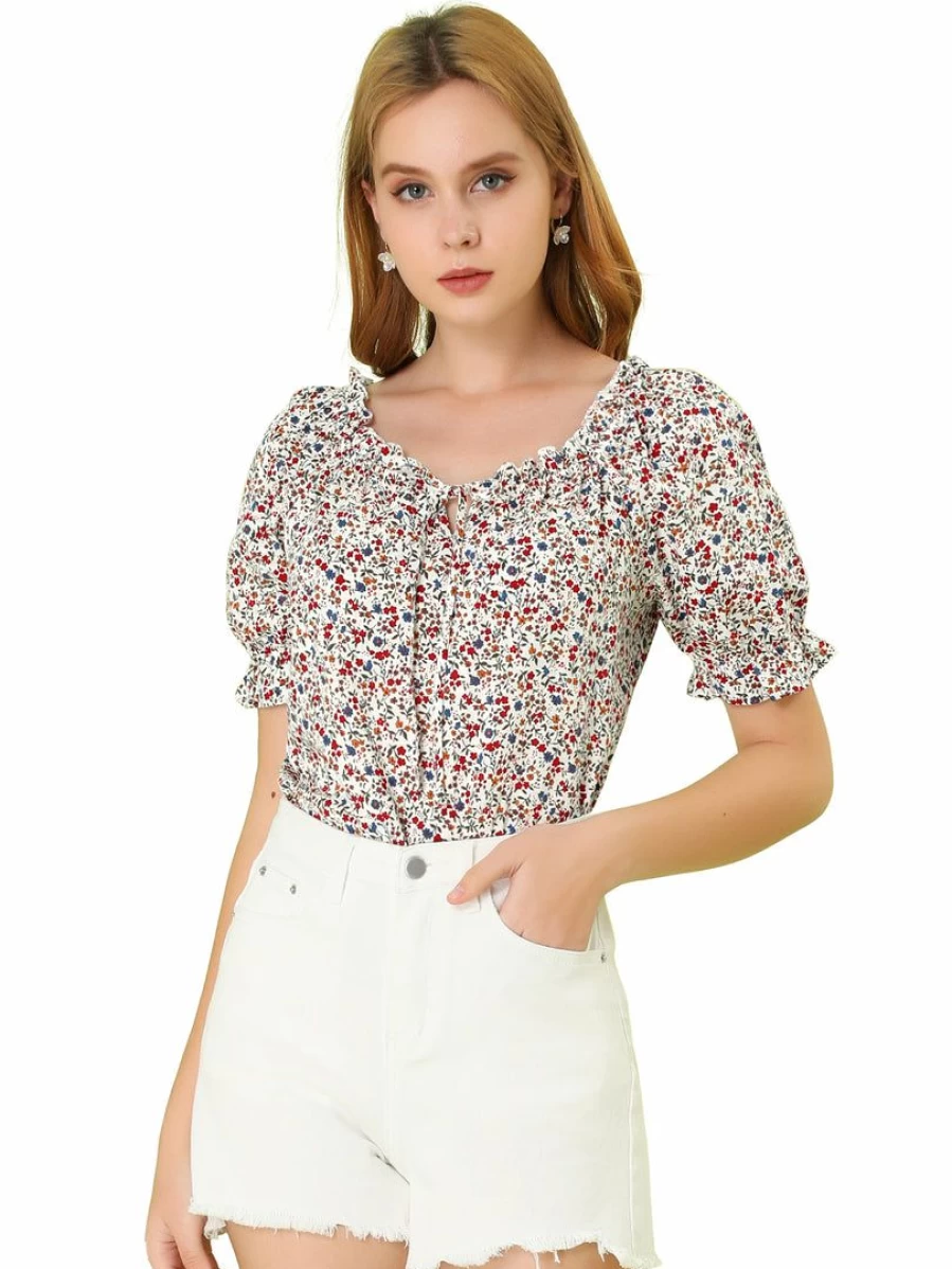 Women's White Retro Floral Sweetheart Neck Ruffle Top with Raglan Sleeves