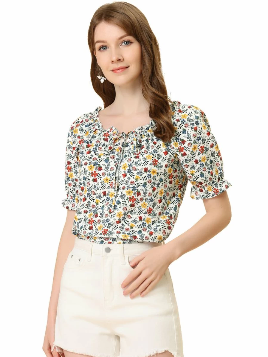 Women's White Retro Floral Sweetheart Neck Ruffle Top with Raglan Sleeves