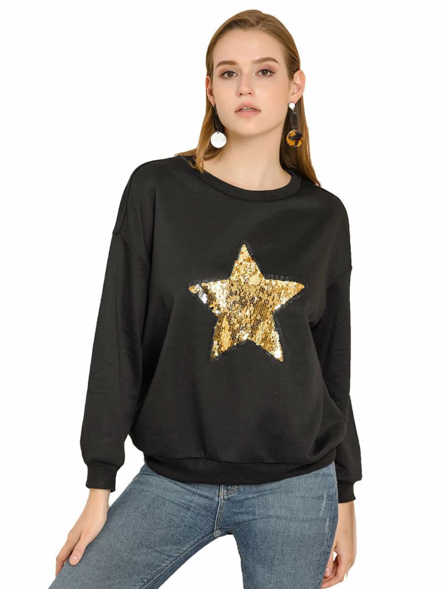 Women's Sparkly Star Print Long Sleeve Crewneck Sweatshirt - Sequin Embellished Casual Top