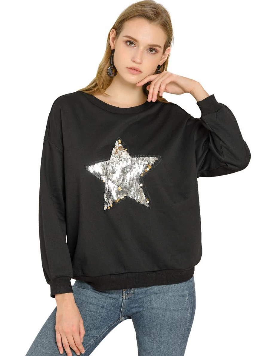 Women's Sparkly Star Print Long Sleeve Crewneck Sweatshirt - Sequin Embellished Casual Top