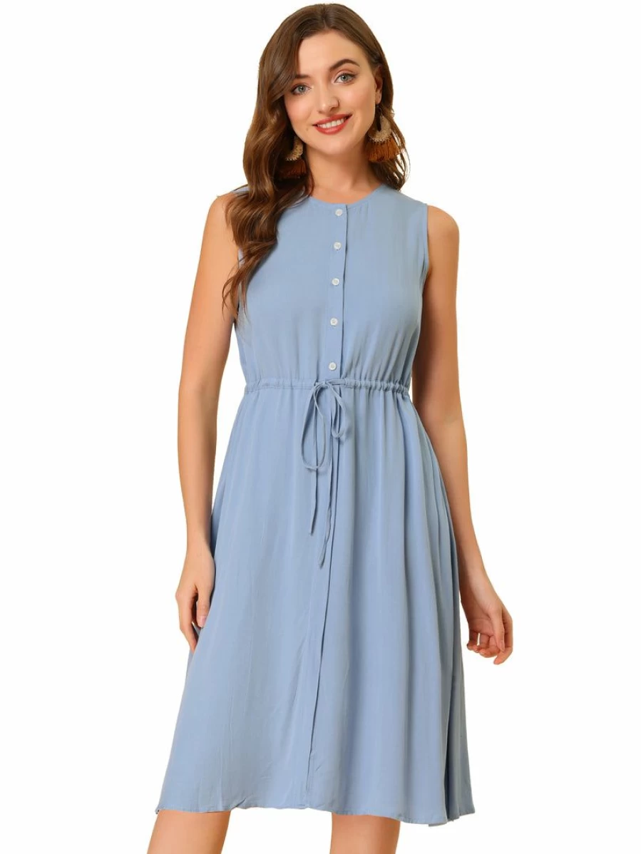 Women's Sleeveless Summer Dress with Button Front and Drawstring Waist - Casual Flowy Mini Dress