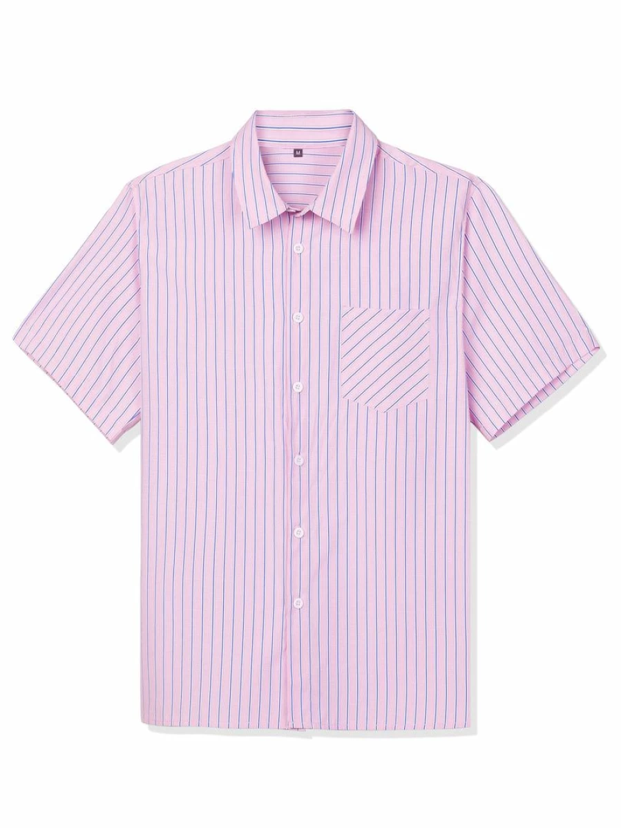 Men's Pink Short Sleeve Dress Shirt Summer Striped Button Down Casual Shirt