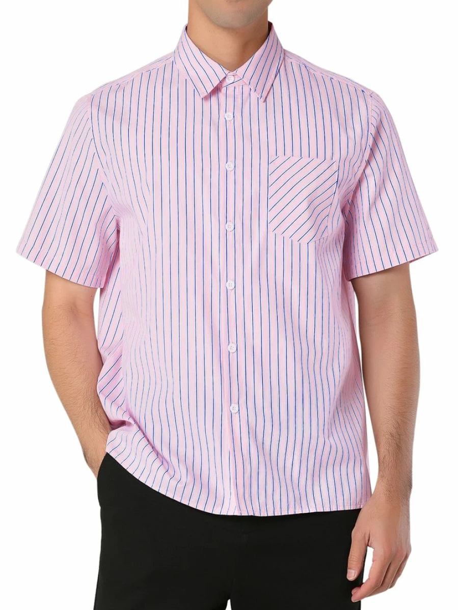 Men's Pink Short Sleeve Dress Shirt Summer Striped Button Down Casual Shirt