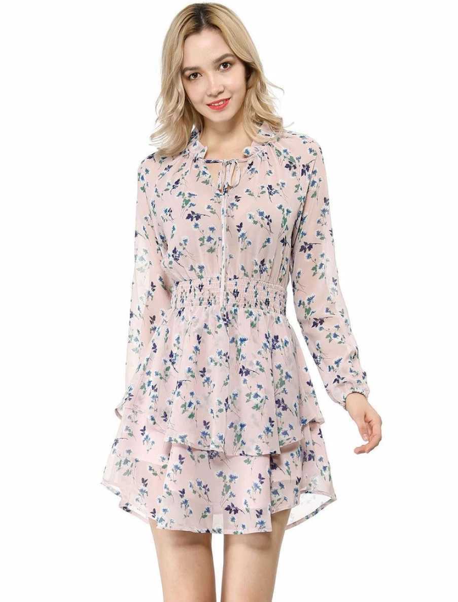 Floral Print Ruffled V-Neck Smocked Waist Summer Dress with Tie Detail