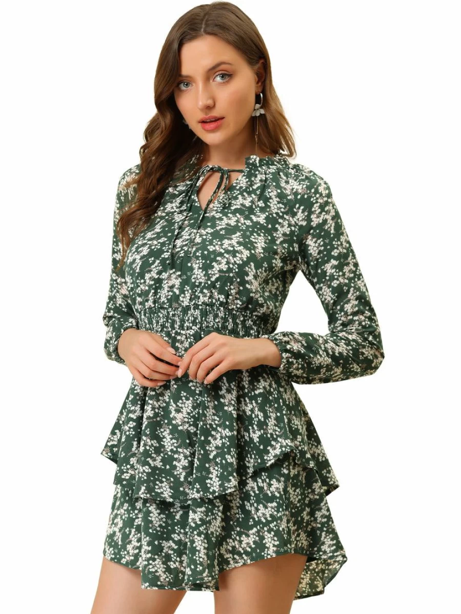 Floral Print Ruffled V-Neck Smocked Waist Summer Dress with Tie Detail