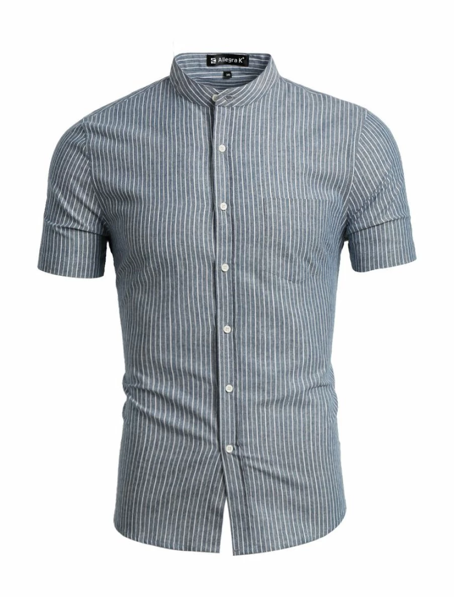Men's Casual Stripe Short Sleeve Button-Up Shirt with Pocket - Collarless Design