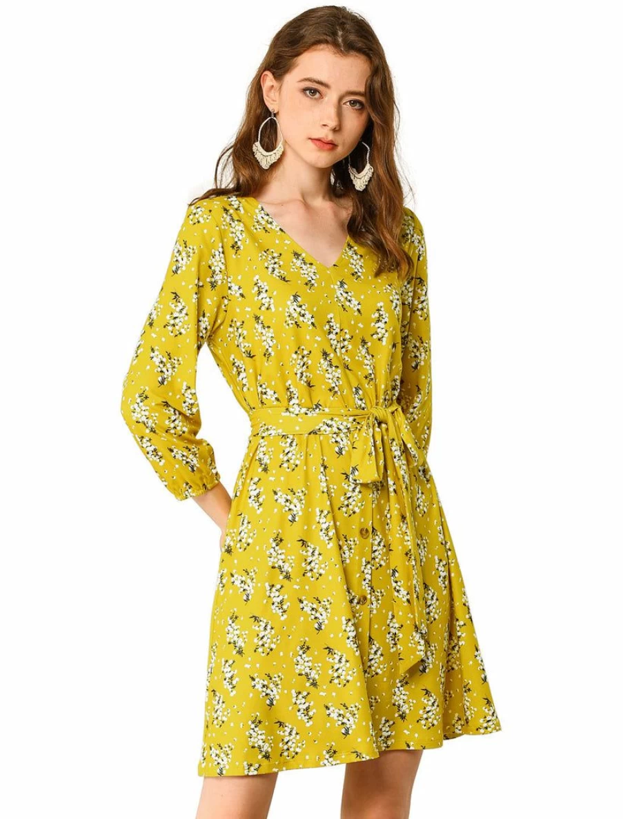 Allegra K Women's Yellow Floral Print V-Neck 3/4 Sleeve Belted Dress