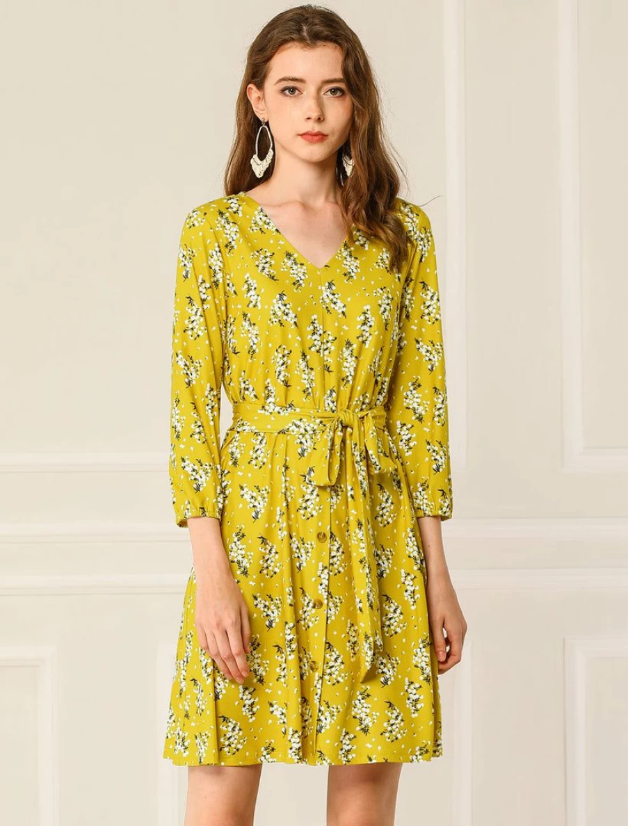 Allegra K Women's Yellow Floral Print V-Neck 3/4 Sleeve Belted Dress