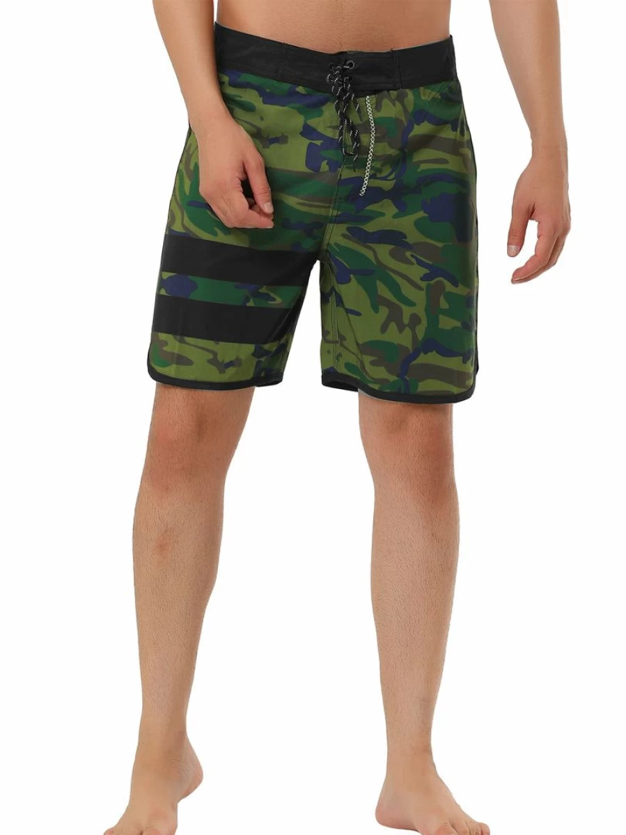 Men's Summer Contrast Color Printed Swim Shorts with Drawstring Waist