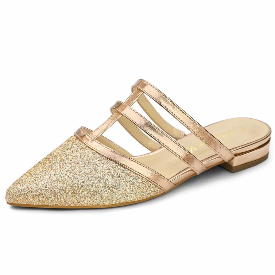 Sparkly Women's Pointed Toe Flat Mules Slip-On Shoes with Glitter Detail for Elegant Comfort