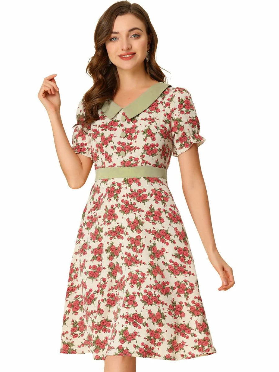 Allegra K Women's Floral Print V-Neck Short Sleeve Dress in Beige - Contrast Color Summer Dress