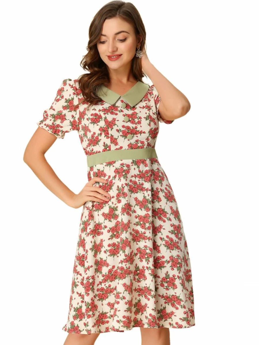 Allegra K Women's Floral Print V-Neck Short Sleeve Dress in Beige - Contrast Color Summer Dress