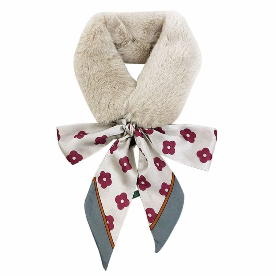 Women's Faux Fur Scarf with Heart Flower Ribbon Detail - Winter Warm Knit Neck Warmer Accessory