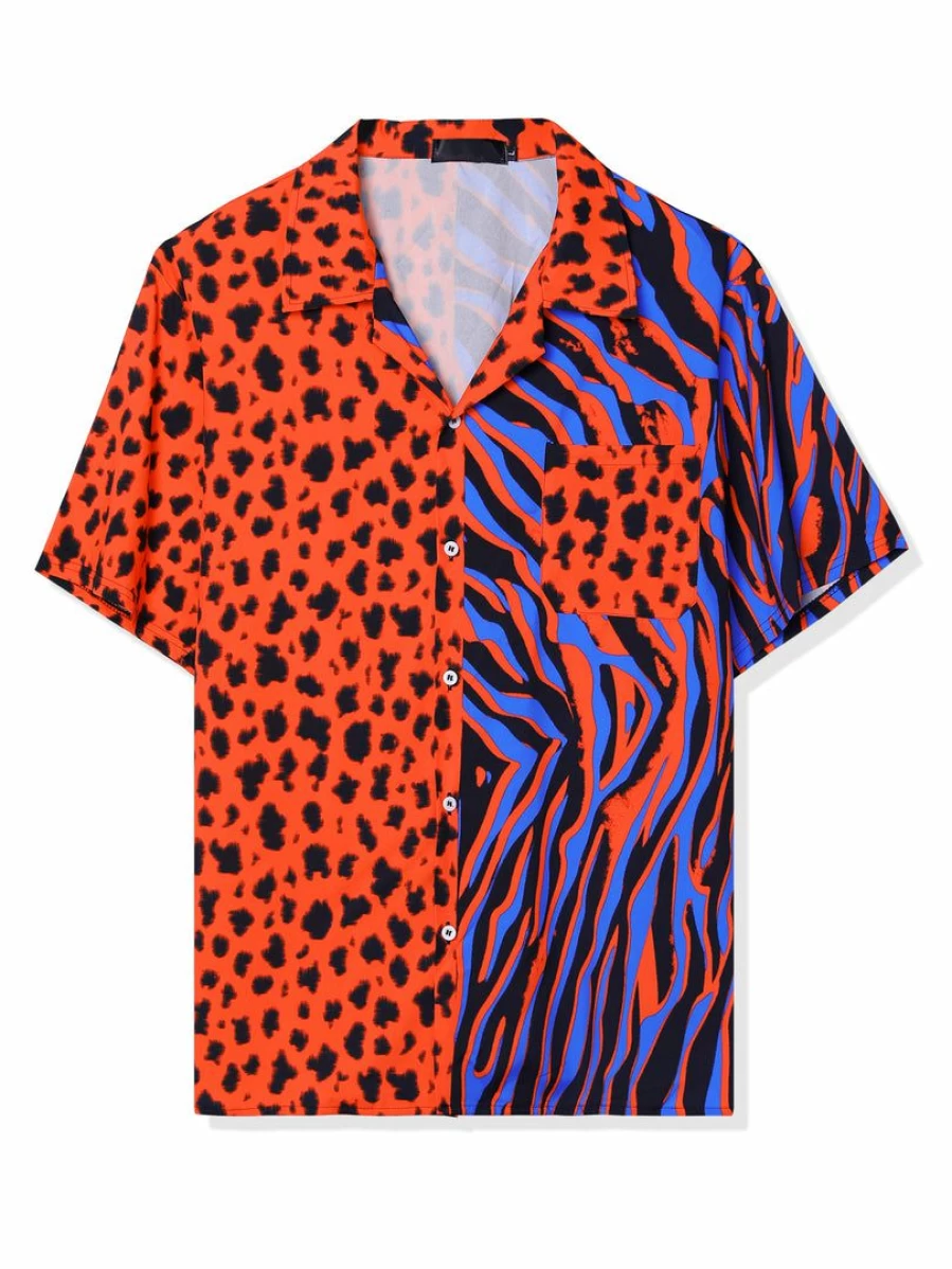 Men's Summer Leopard Print Color Block Short Sleeve Button Down Shirt Patchwork Casual Hawaiian Style