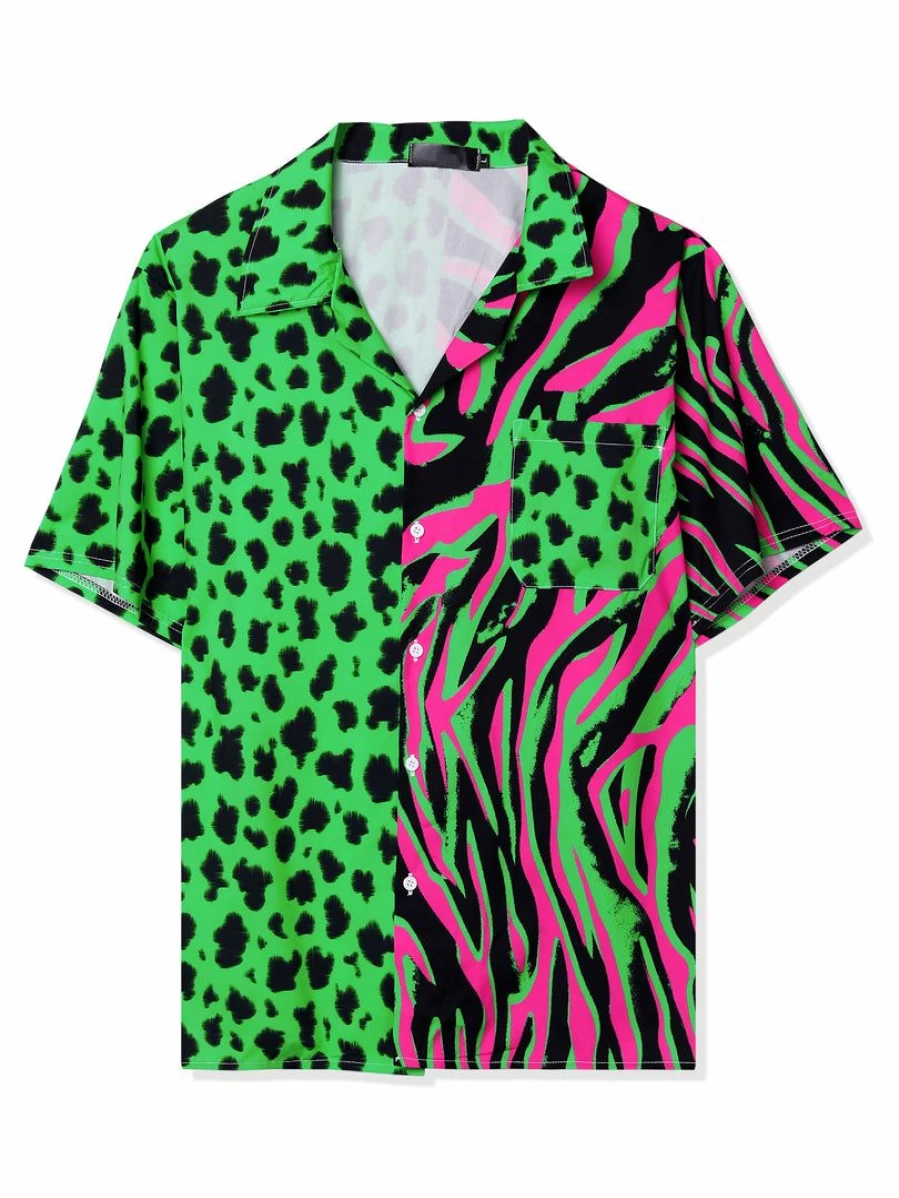 Men's Summer Leopard Print Color Block Short Sleeve Button Down Shirt Patchwork Casual Hawaiian Style