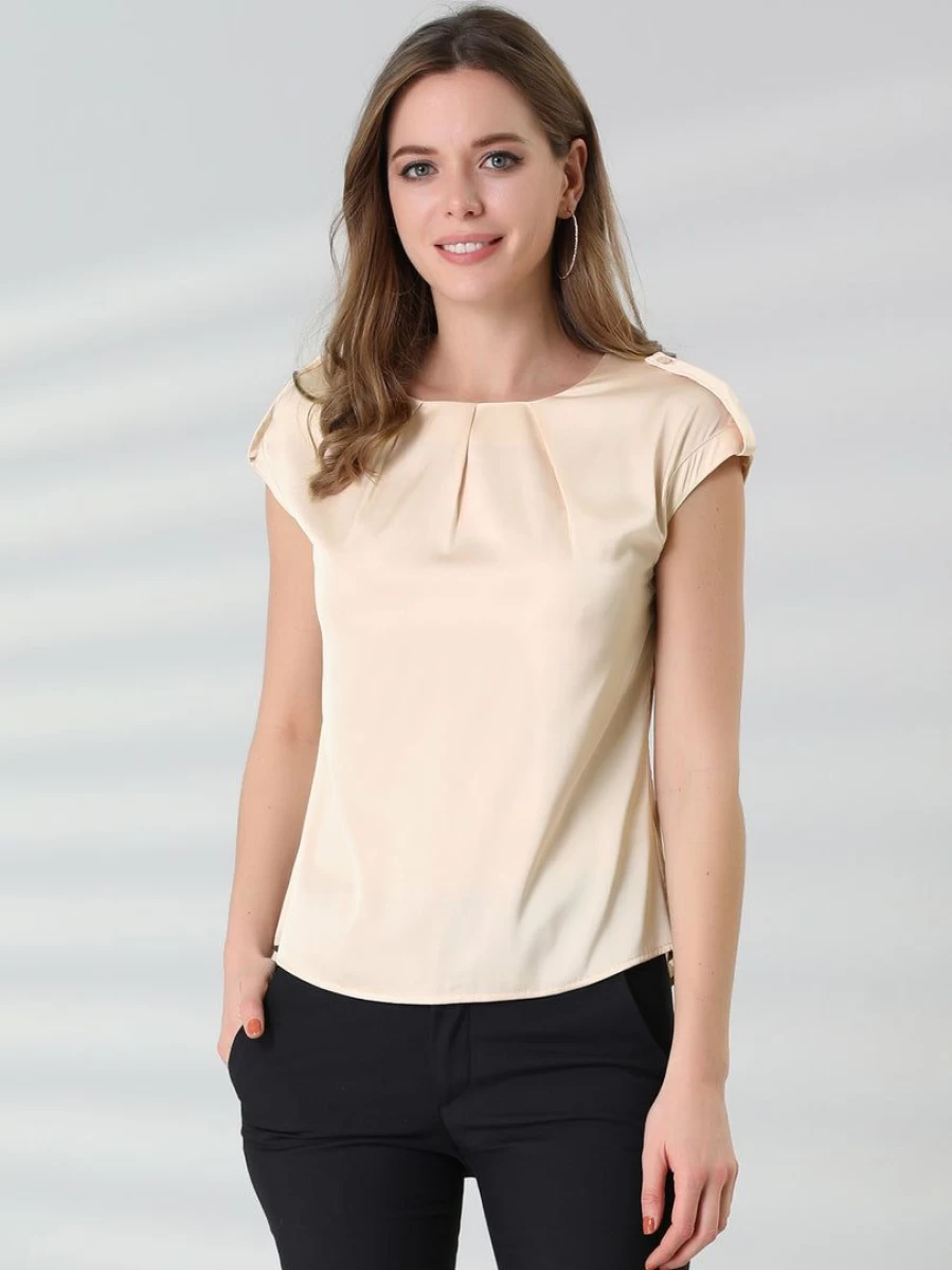 Beige Women's Elegant Pleated Blouse Round Neck Silky Business Casual Top