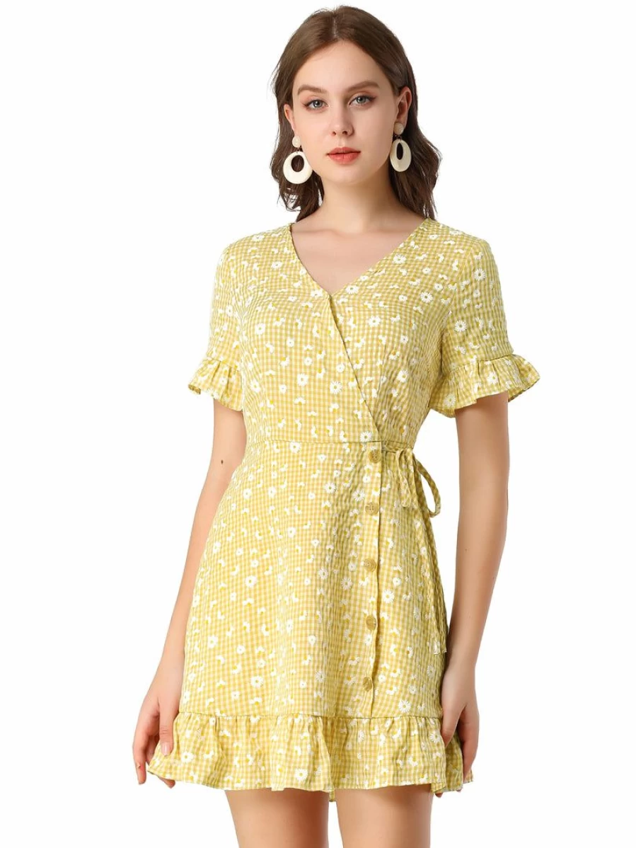Allegra K Women's Yellow Floral Print V-Neck Ruffle Hem Faux Wrap Dress Short Sleeve Summer Casual