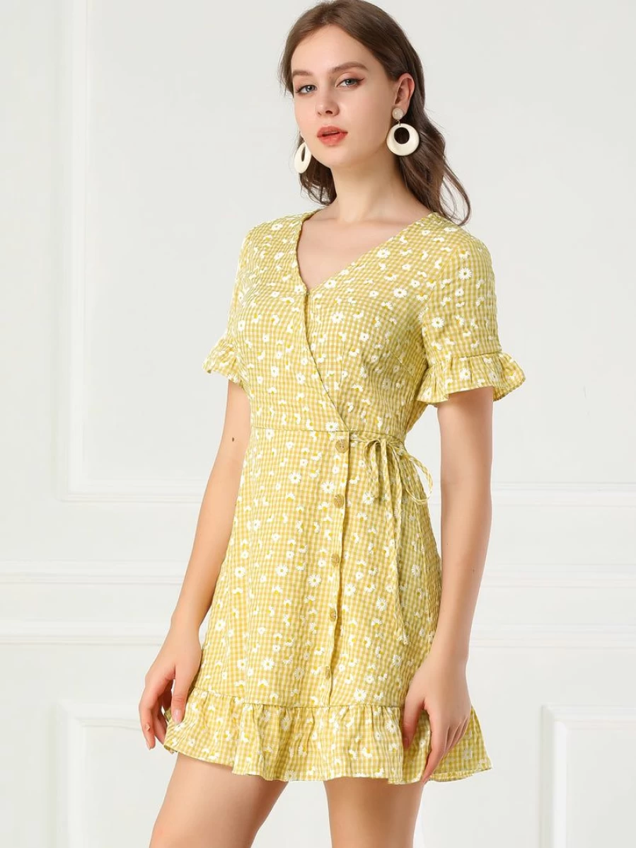 Allegra K Women's Yellow Floral Print V-Neck Ruffle Hem Faux Wrap Dress Short Sleeve Summer Casual