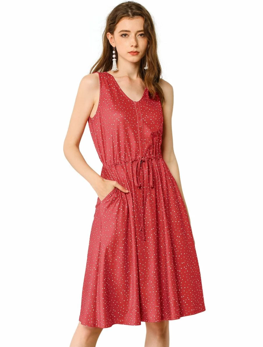 Women's Polka Dot Midi Dress with V-Neck and Tie Waist - Floral Summer Casual Party Wear