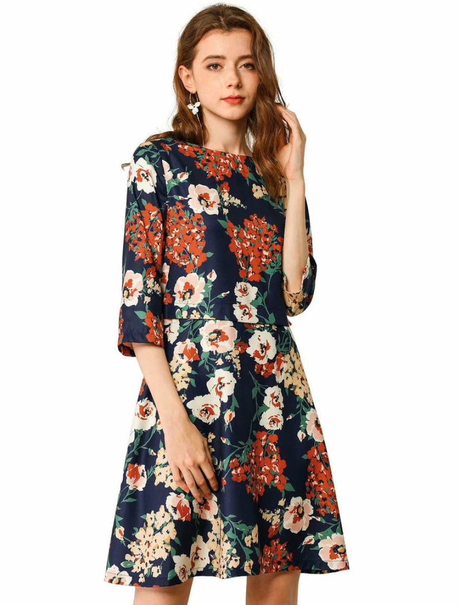 Allegra K Women's Vintage Floral Black Dress Boat Neck Half Sleeve Flare Dress