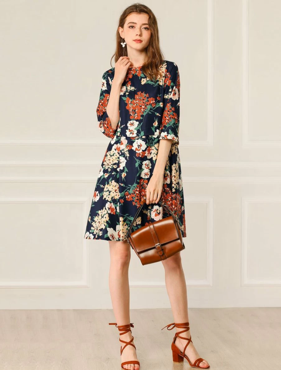 Allegra K Women's Vintage Floral Black Dress Boat Neck Half Sleeve Flare Dress