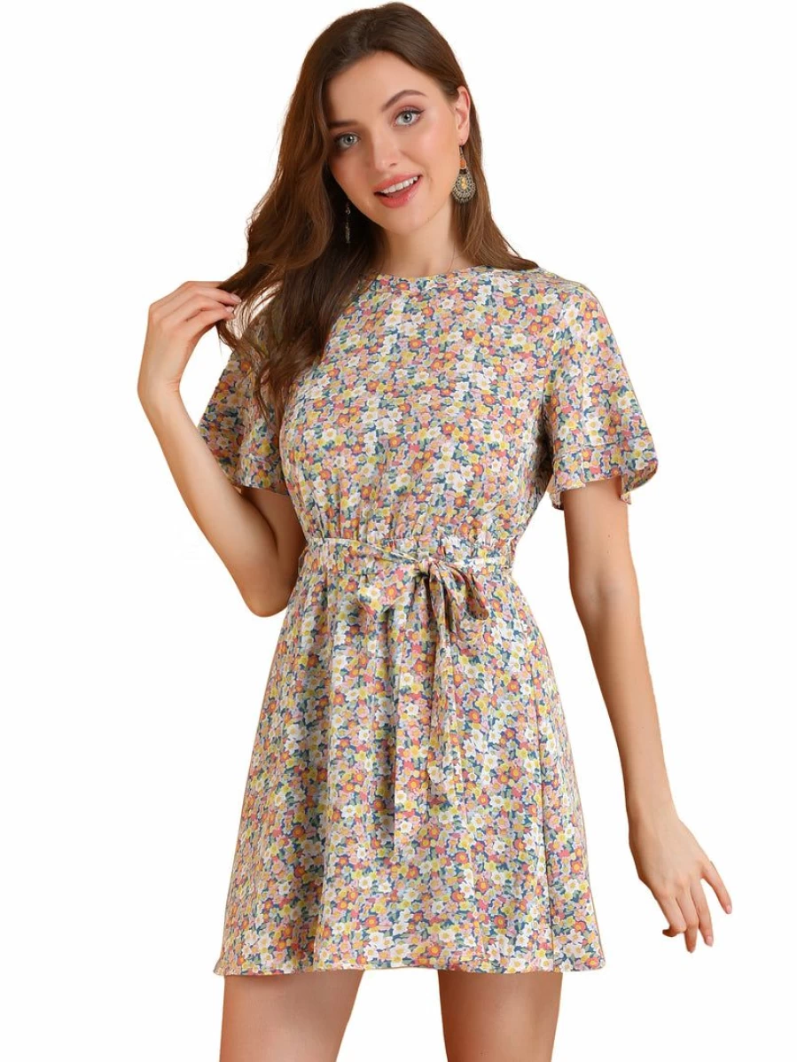 Pink Floral Summer Dress for Women with Elastic Tie Waist - Short Sleeve Casual Style