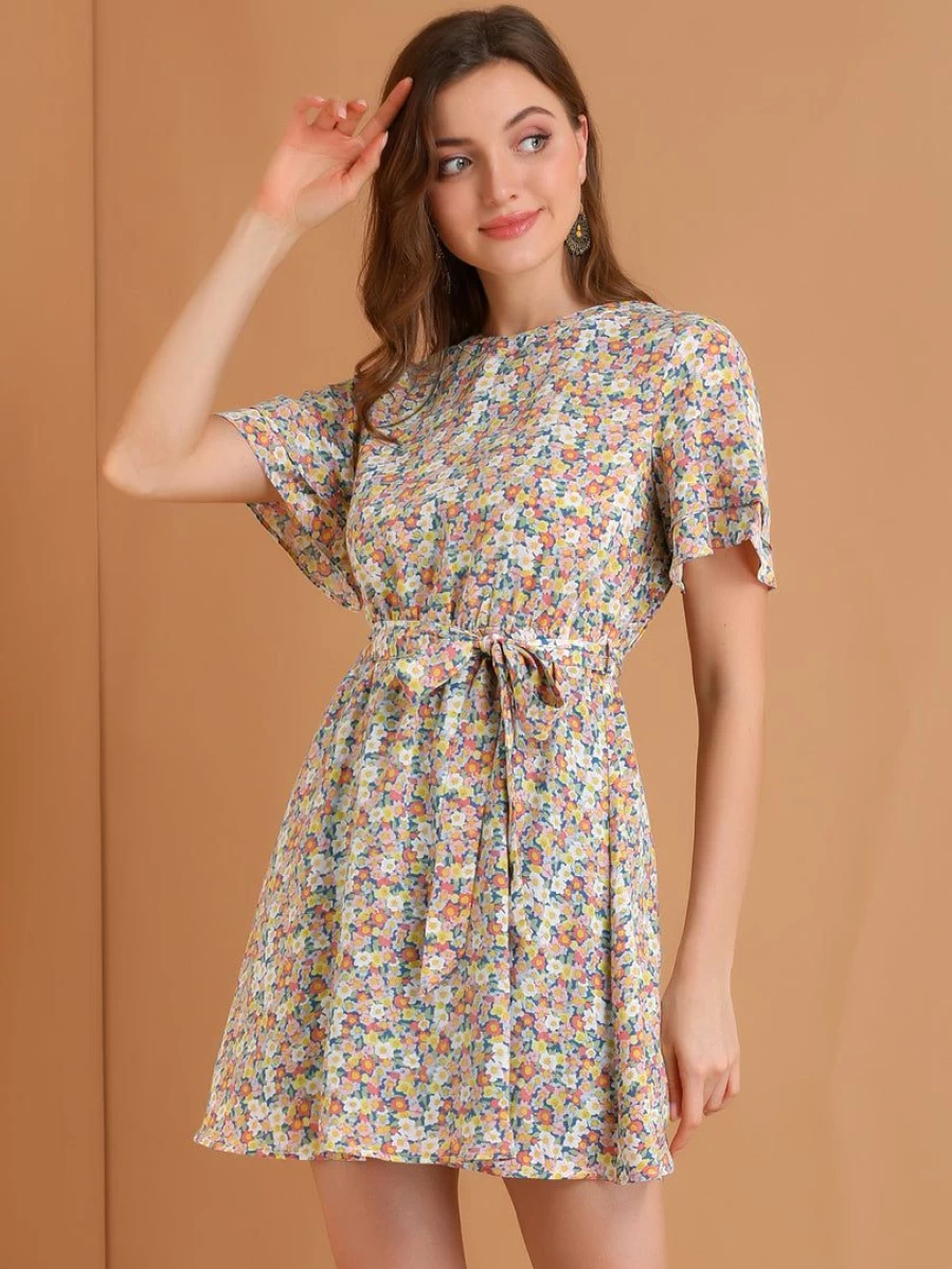 Pink Floral Summer Dress for Women with Elastic Tie Waist - Short Sleeve Casual Style