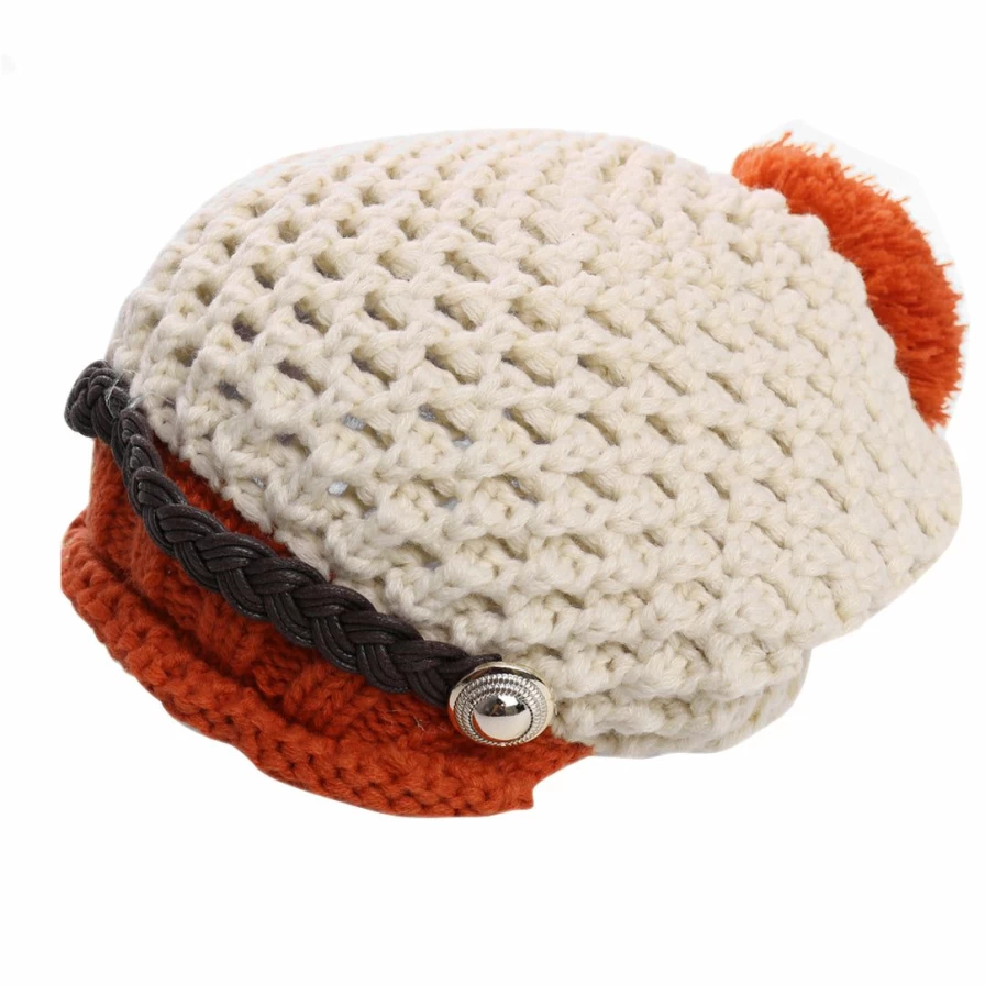 Women's Winter Knitted Hat with Chic Contrast Color Pom Pom Top Design - Fashionable Beanie for Cold Weather