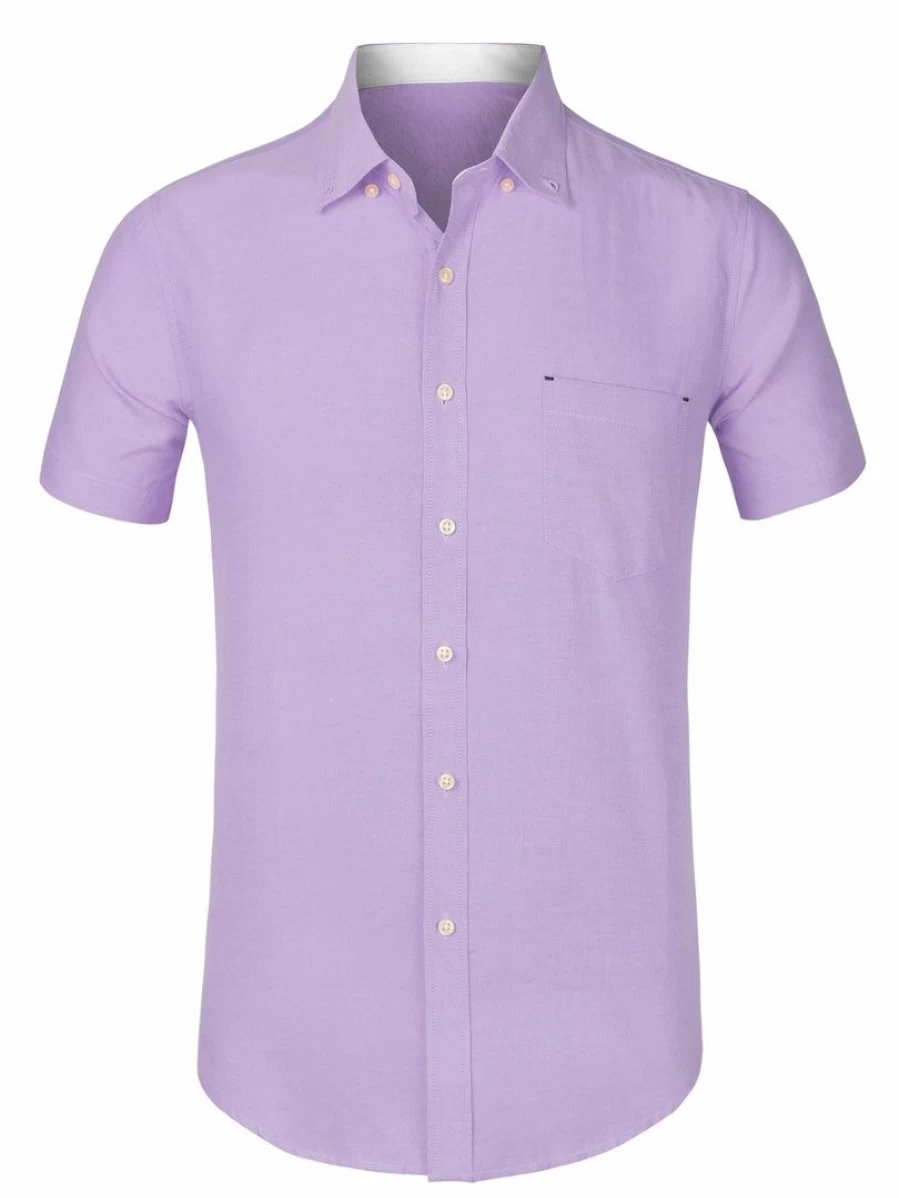 Men's Summer Short Sleeve Dress Shirt Solid Color Formal Button Down Shirt