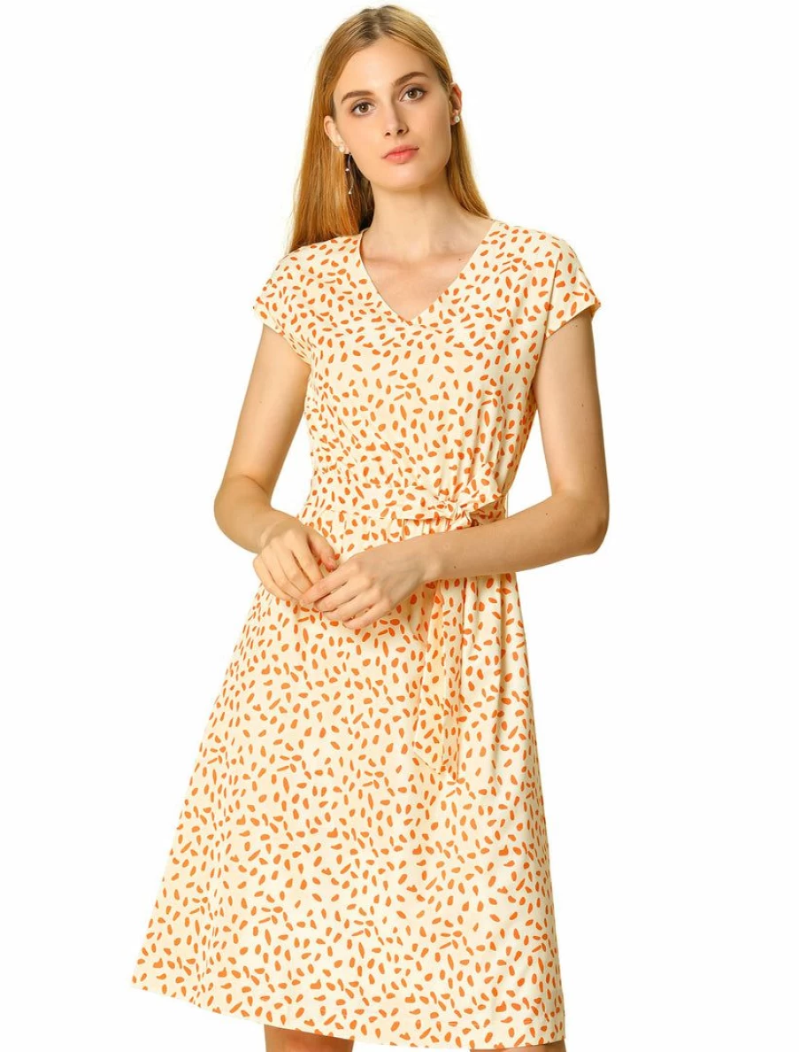 Allegra K Women's Beige V-Neck Printed Belted A-Line Dress