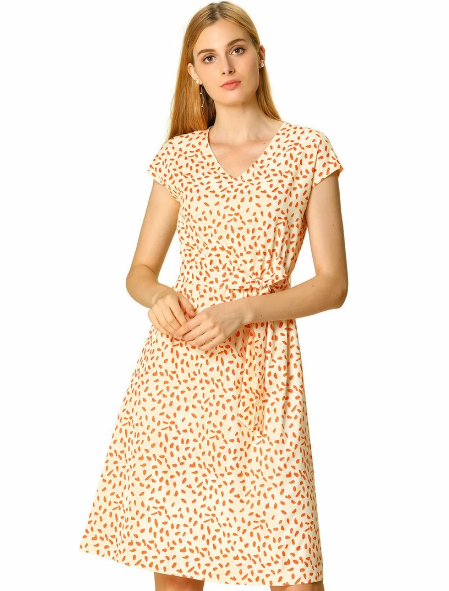 Allegra K Women's Beige V-Neck Printed Belted A-Line Dress