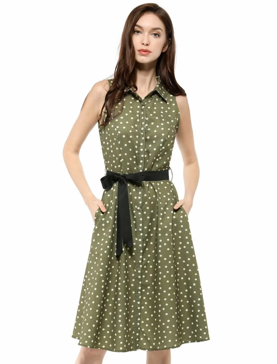 Women's Sleeveless Polka Dot Midi Shirt Dress by Allegra K - Casual Flowy Summer Dress
