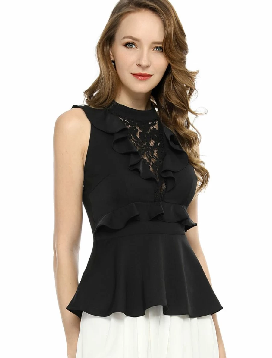 Women's Lace Front Halter-Neck Peplum Top with Cut-Out Back and Ruffle Detail - Sleeveless Blouse