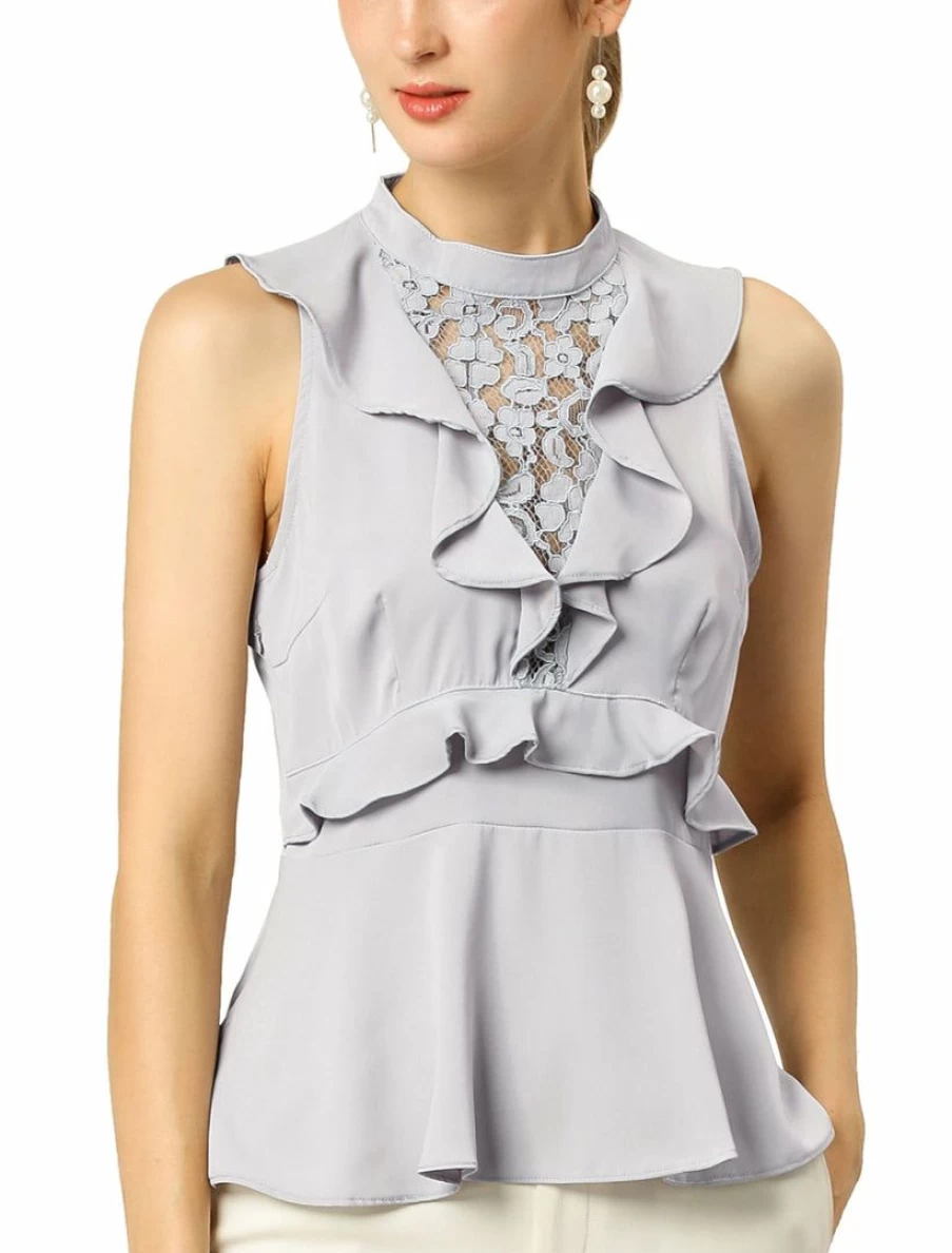 Women's Lace Front Halter-Neck Peplum Top with Cut-Out Back and Ruffle Detail - Sleeveless Blouse