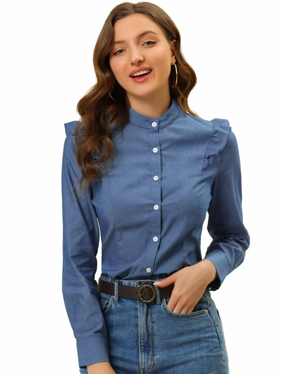 Blue Women's Denim Long Sleeve Shirt with Ruffled Trim & Shoulder Buttons